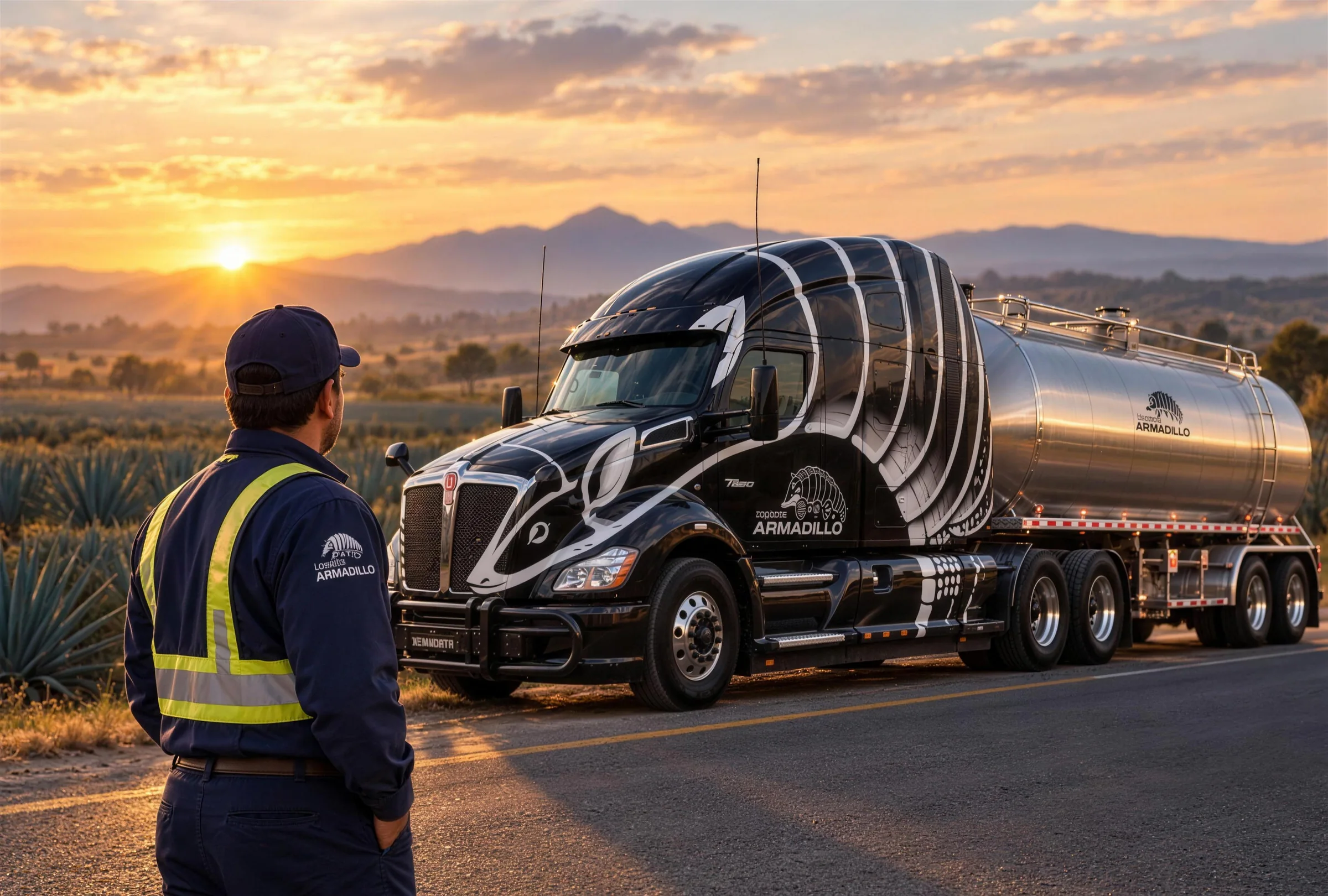 Operador de Logística Armadillo junto al tráiler negro al amanecer